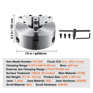 Mandrino per tornio a 3 griffe da 8 pollici con funzione autocentrante, gamma di serraggio 0,16-8 pollici, viti di fissaggio a T, chiave esagonale inclusa - Product Image 4