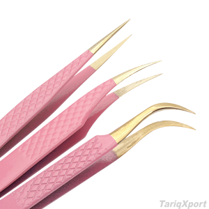 Professional Anti-static Stainless Steel Slanted Pointed <b>Pink</b> Grafting Eyelash Flowering Tweezers Custom Logo 10mm Length - Product Image 2