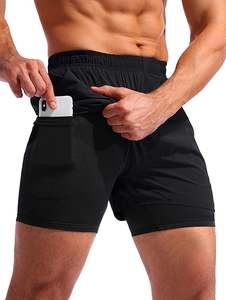Shorts de sport en polyester noir de haute qualité à double couche pour homme, idéal pour l'entraînement estival et la musculation, avec empiècements en mesh. - Product Image 3