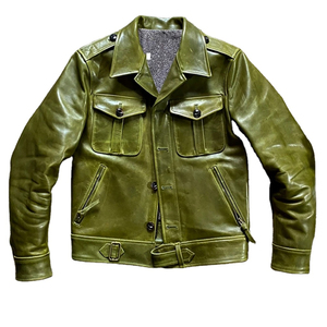 Veste d'hiver en cuir véritable pour homme, couleur olive, style workwear, col mandarin, coupe-vent, poches zippées épaisses sur le devant - Product Image 1