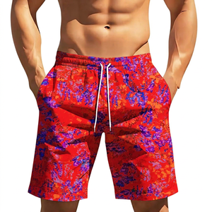 <b>Men's</b> Red Floral Print Double Layer Breathable Polyester/Cotton Board Shorts Mid Waist Drawstring Quick Dry Casual Swim <b>Trunks</b> - Product Image 1