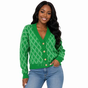 HMR Sisterhood Sorority Cardigan en acrylique vert à motif géométrique tricoté, col en V, manches longues, fermeture boutonnée, décontracté - Product Image 1