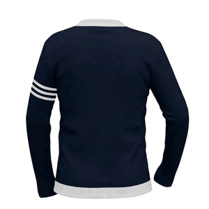 Custom Logo Wholesale <b>Women</b> Preppy V-Neck Knit <b>Cardigan</b> <b>Navy</b> Blue Contrast Trim Button Up Sweater with Sleeve Stripes - Product Image 2