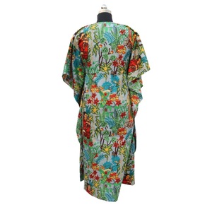 Robe Kaftan Longue en Coton Imprimé Floral pour Femme, Col en V, Cordon de Serrage, Décontractée, Respirante, Robe d'Été Bohème, Cache-Maillot de Plage - Product Image 2
