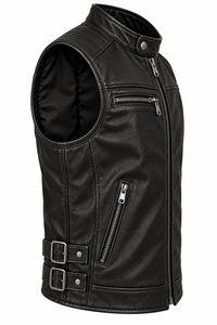 <b>Men's</b> Black PU <b>Leather</b> Moto <b>Vest</b> Stand Collar Zipper Closure Solid Color Plus Size Outerwear Regular Fit - Product Image 3