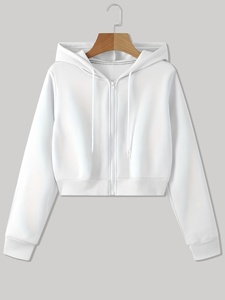 Women White Hooded <b>Crop</b> Sweatshirt Full Sleeve Knitted Zipper-<b>Up</b> Color Blocking Breathable Winter Streetwear 100% Cotton Casual - Product Image 1
