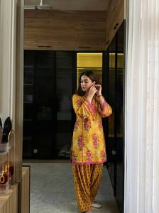 Floral Pathani Cotton Suit Ethnic Wear for Women Floor-Length <b>Coat</b> Pant Set Pakistani Outfit - Product Image 5