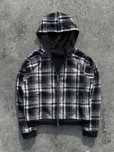 Veste à capuche zippée surdimensionnée à carreaux pour homme, manches raglan, style streetwear, noir et blanc, tissée teinte en fil - Product Image 4
