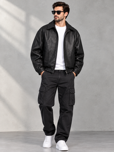 Chaqueta de Cuero PU para Hombre GURUNA-Z-INDUSTRY de Primera Calidad, para Todas las Temporadas, con Cuello de Cierre de Cremallera, Diseño de Bloques de Color y Manga Larga - Product Image 1