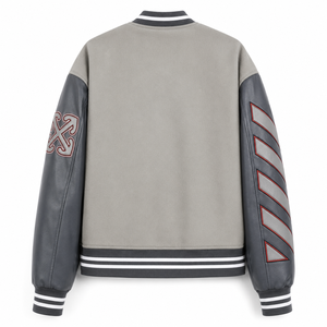 <b>Men's</b> Gray PU Varsity <b>Jacket</b> with Embroidered Logo and Lettering Preppy Style Autumn Wear - Product Image 2