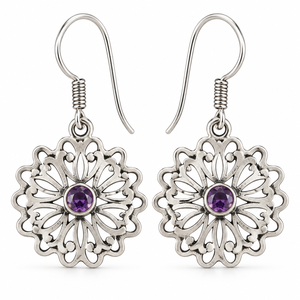 Fait main H.A. Boucles d'oreilles pendantes en argent sterling avec améthyste florale vintage, bijoux ethniques pour femmes, cadeau, vente en gros - Product Image 6