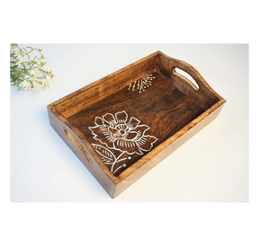 Plateau de service rectangulaire en bois d'acacia écologique et durable, motif feuille, peint à la main, design bohème de luxe, cuisine, Ramadan, Eid - Product Image 5