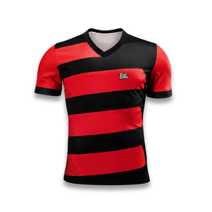 Custom Men's Red Black Striped Soccer Jersey Set V-Neck Short Sleeve Breathable Printed <b>Moisture</b> Wicking Polyester Uniform - Product Image 5