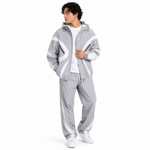 Hot Selling 100% Cotton Heavyweight Anti-Bacterial Winter Reflective <b>Tracksuits</b> Men 2 in 1 Color Block Custom Panel Windbreaker - Product Image 5