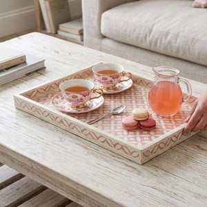 Bandeja Decorativa Geométrica Hecha a Mano con Incrustaciones de Hueso Rosa - Product Image 4