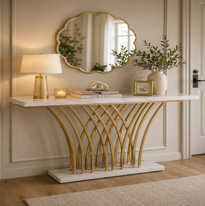 Elegant <b>console</b> <b>table</b> with white marble top and curved gold finished metal <b>legs</b>, available at wholesale prices. - Product Image 1