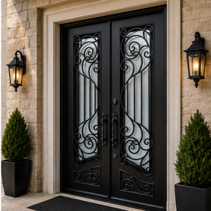 Elegante Puerta Doble de Hierro Forjado con Vidrio Esmerilado Decorativo y Diseño de Seguridad de Lujo para Entrada Principal - Product Image 3
