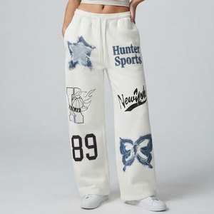 Hunter Sports <b>Women's</b> <b>White</b> Wide Leg Sweatpants Embroidered Logo Plus Size Loose Fit High Waist Fleece <b>Joggers</b> - Product Image 3