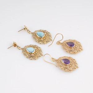 Natural Larimar Gemstone <b>Dangle</b> <b>Earrings</b> <b>Gold</b> Plated Brass Anchor Shape Filigree Design Trendy for Women Gift Jewelry - Product Image 4