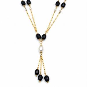 Collar Personalizado Chapado en Rodio con Cuentas Ovaladas de Ónix Negro, Perlas de Semilla y Borlas en Cascada, Cadena de Cable, Joya de Regalo Nupcial para Mujer - Product Image 3
