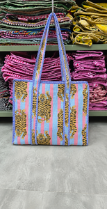 Sac fourre-tout en toile imprimé tigre avec rayures bleues, style bohème vintage, fermeture éclair, toutes saisons, sac de shopping hiver pour femme - Product Image 2