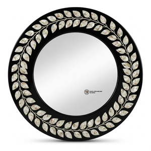 Elegante Espejo Decorativo Redondo con Motivos de Hojas de Concha Colocados a Mano y Acabado Negro Contemporáneo - Product Image 6