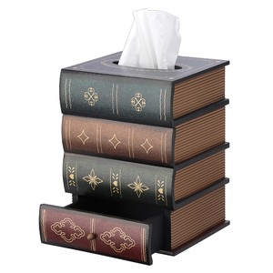 Aqdus Saleem - Porta pañuelos de madera de pino vintage con diseño de libros apilados y decoupage dorado - Venta al por mayor, ecológico, hecho a mano y duradero - Product Image 1