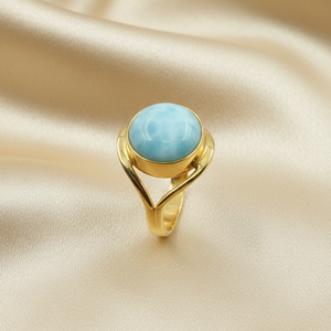 Natural Larimar Gemstone <b>Ring</b> 925 Sterling <b>Silver</b> Rose & Yellow Gold Plated Handmade Round Cabochon <b>Statement</b> Jewelry Women Gift - Product Image 3