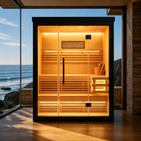 Ruang Sauna Dalam Ruangan Kayu Pinus dengan WiFi Pintar Opsional Terapi Cahaya Merah Kubus Sauna Uap Pintu Kaca 2 Orang Pembakaran Kayu Dek Kustom