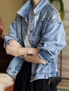 Hardihood International Light Wash Denim <b>Jacket</b> for Women Distressed Frayed Hem Rhinestone Floral Button Front Formal Breathable - Product Image 4