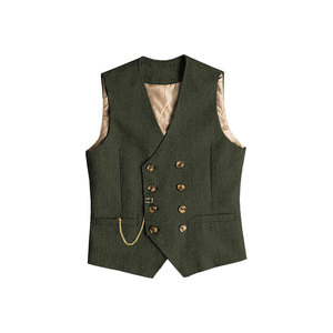 Gilet de Costume Homme Marron en Laine Croisé à Col en V Couleur Unie avec Chaîne Décorative pour l'Automne - Product Image 6