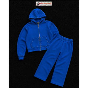 Blue Studded Tracksuit Set Men <b>Full</b> <b>Zip</b> <b>Hoodie</b> And Straight Leg Pants Casual Streetwear Jogging Suit Custom Wholesale Sportswear - Product Image 5