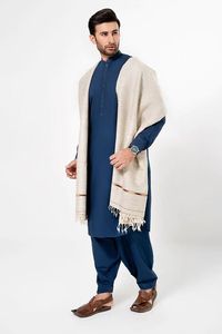 <b>Men</b> Cotton <b>Kurta</b> Shalwar Kameez Traditional Indian Pakistani Casual Wear Blue With Cream Shawl 3 Piece Set - Product Image 2