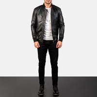 Chaqueta Bomber de Cuero Negra Personalizada al por Mayor para Hombre, con Cuello Alto, Logotipo Bordado en la Parte Delantera, Impermeable, Resistente al Viento, con Cierre de Cremallera para Motocicleta