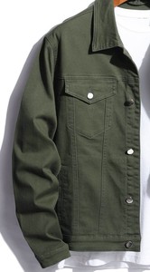 Men's Olive Green Denim Jacket Regular Fit Button Closure Casual Style - Product Image 3