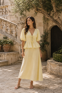 Ensemble coordonné en coton de créateur - Haut d'été jaune à manches bouffantes associé à une jupe longue confortable, deux pièces, vente en gros - Product Image 4