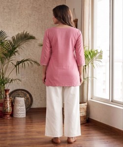 <b>Women</b> Pink Cotton <b>Kurta</b> With White Palazzo Pants Embroidered Casual Wear India Pakistan Style Regular 86396 VYOM- VF:-26 - Product Image 3
