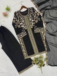 Black Embroidered Silk 3 Piece <b>Suit</b> <b>Women</b> Traditional Indian Pakistani <b>Wedding</b> Floor Length Loose Fit Set - Product Image 4