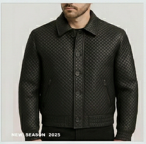 Chaqueta de Cuero Acolchada para Hombre, Estilo Bomber, Negra, de Piel de Oveja Auténtica, Corte Ajustado, Casual, de Invierno, Acolchada, Resistente al Viento, con Botones de Cuerno - Product Image 1