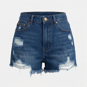 Shorts de mezclilla de algodón para mujer, de cintura alta, desgastados, casuales de verano, con estampado, deshilachados, con botones, talla grande, color personalizable - Product Image 1