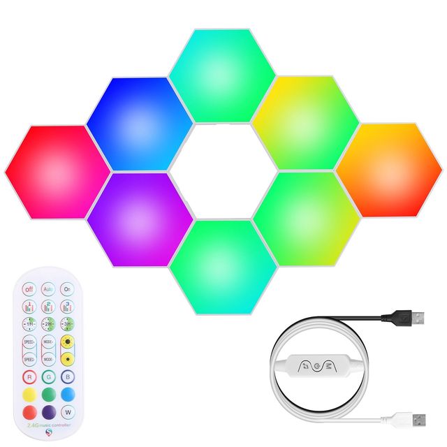 8pcs RGBW Colorful Hexagon Light Panels Wall Lamps for Gaming Decorative Music Sync Remote Line Control Timing Splicing App Line