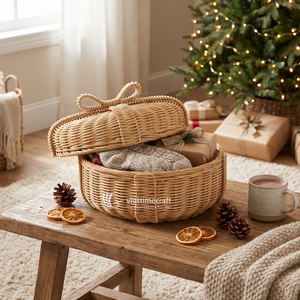 Round Woven Rattan <b>Gift</b> <b>Box</b> Basket with Lid Wicker Wardrobe Storage <b>Hamper</b> with Bow-Knot Accent Sustainable Holiday Use - Product Image 5