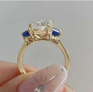 3CT Radiant Cut Moissanite Three Stone Ring Side Blue Trapezoid original 925 Silver Fine Anniversary Promise <b>Gift</b> Jewelry <b>Her</b> - Product Image 2