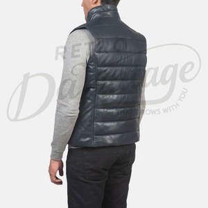 Chaleco Acolchado de Cuero Genuino Azul Marino para Hombre, Premium, Cuello Alto, Cierre de Cremallera, Sin Mangas, Corte Ajustado - Product Image 2