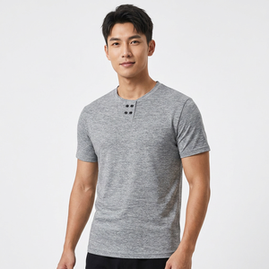 T-shirt Henley à manches courtes pour homme, gris, coupe ajustée, respirant, tricoté, décontracté, couleur unie, col rond - Product Image 6