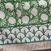 Mantel de Algodón Hecho a Mano con Diseño Floral Verde y Blanco, Estampado Tradicional Indio, Lavable, Ecológico, Duradero, Tamaño Personalizado