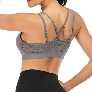 Sujetador deportivo gris para mujer con tirantes cruzados, diseño de malla hueca, cuello cuadrado, soporte alto, sin aros, sin costuras, cintura alta, para yoga - Product Image 3