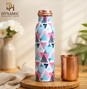 Botella de agua de cobre de primera calidad, diseño geométrico impreso hecho a mano, botella reutilizable con tapa de rosca para el hogar, oficina y viajes - Product Image 4
