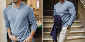 Chemise décontractée à manches longues pour homme, bleu clair, tricotée, couleur unie, col en V, manches longues, vêtement d'automne, tissu en coton, anti-boulochage - Product Image 4