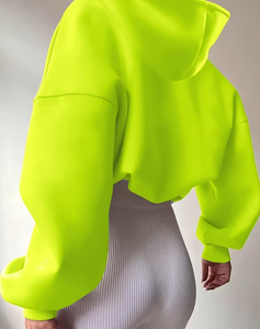 Women's Light Blue Eco-Friendly Fleece Hooded Sweatshirt Solid Color Polyester/Cotton Knitted Casual Pullover Front Pocket - Product Image 3